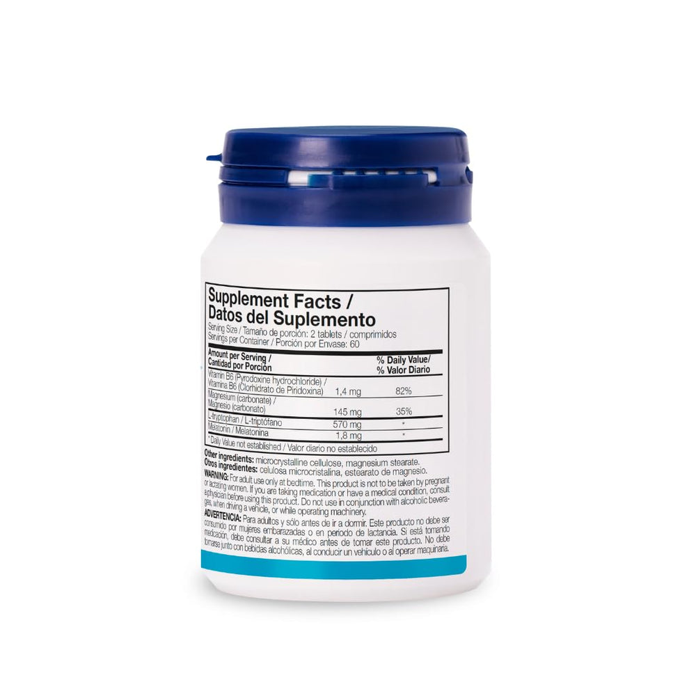 Two tablets serving with packaging visible for Tryptophan Melatonin Magnesium Vitamin B6