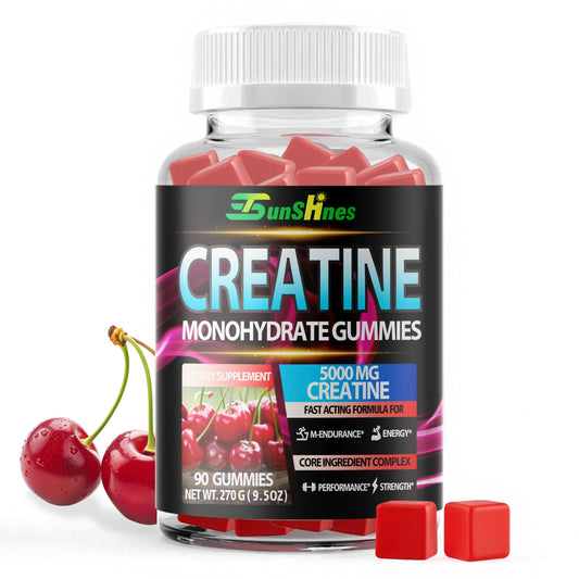 Tsunshnes Creatine Monohydrate Gummies bottle and cherry-flavored gummies