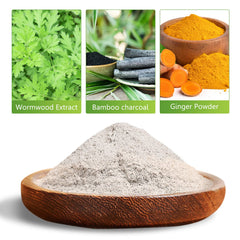 Close-up of ginger powder and bamboo vinegar ingredients for foot pads