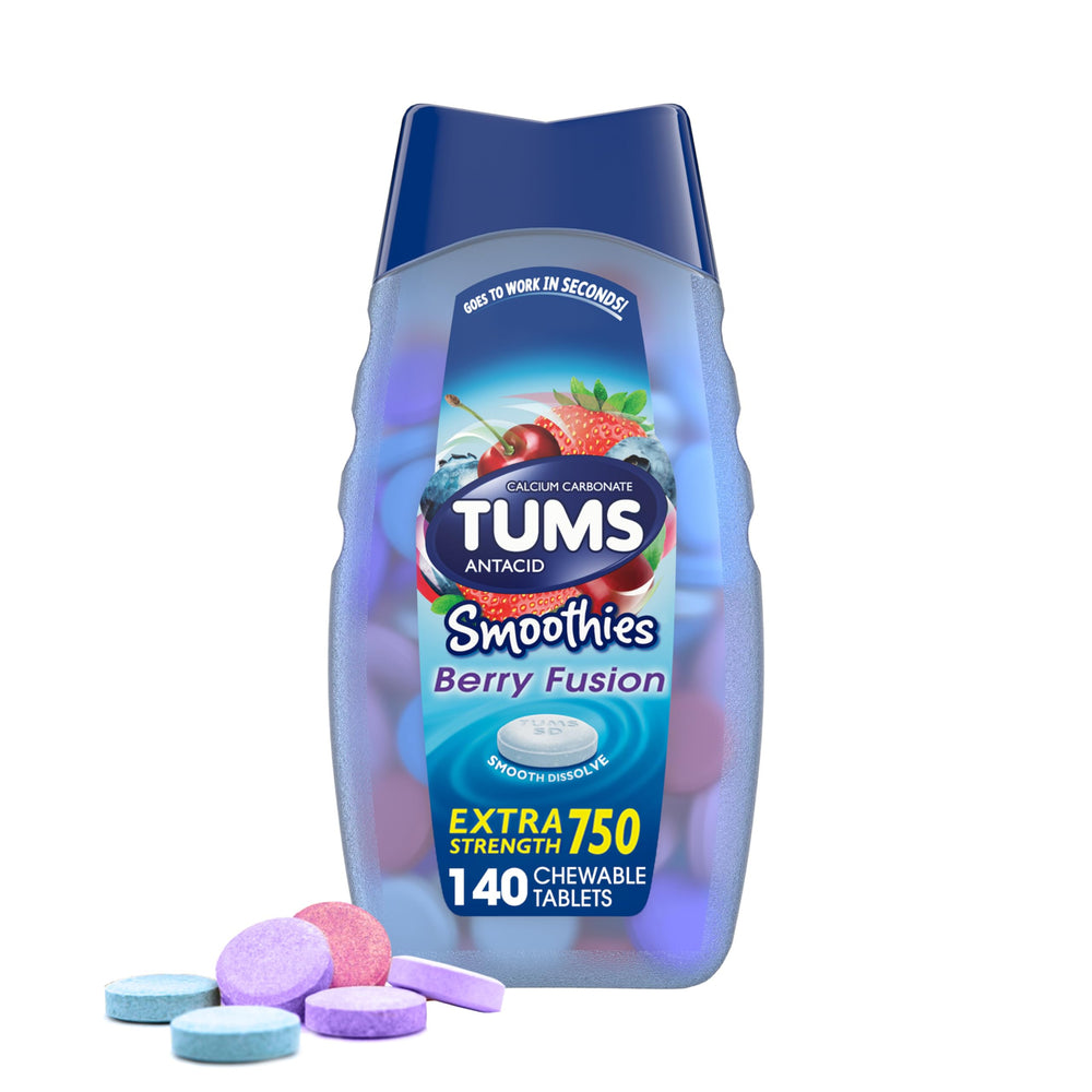 TUMS Smoothies Berry Fusion bottle front for on-the-go relief