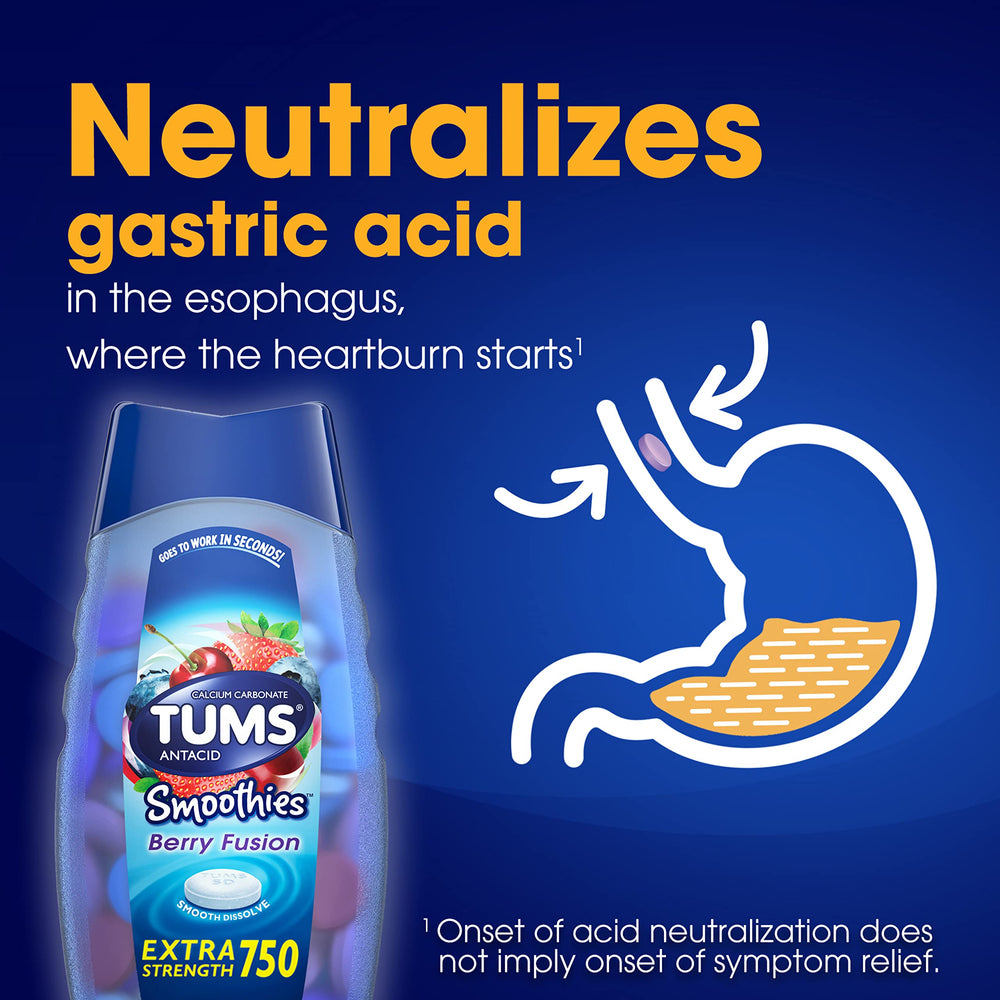 TUMS Smoothies Berry Fusion tablet on tongue for easy chewing