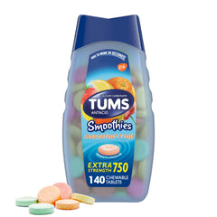 TUMS Smoothies bottle-front featuring fruit chewables for fast heartburn relief on the go.