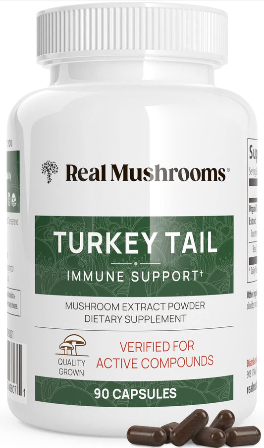 Real Mushrooms Turkey Tail Capsules bottle on white background