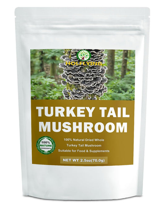 Dried whole turkey tail mushrooms in a 2.5 oz resealable pouch