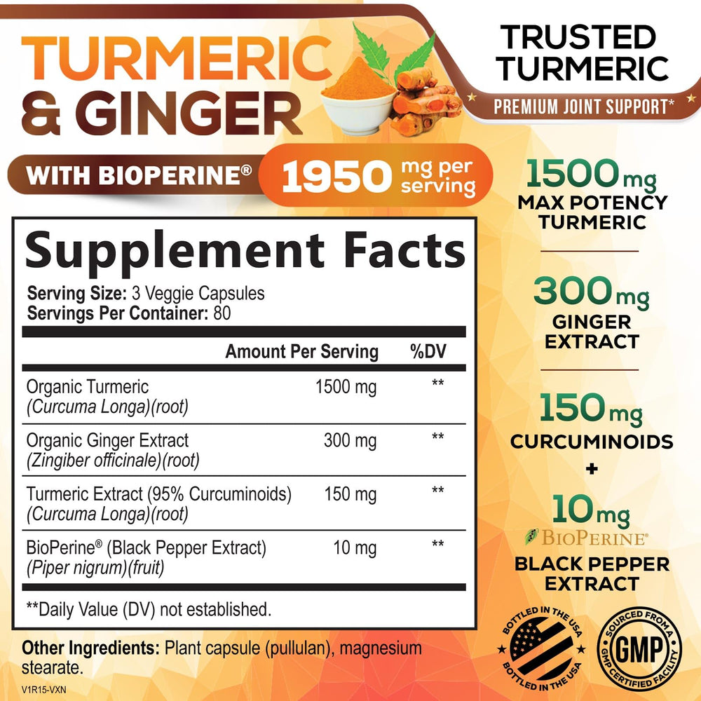 Nutrition label and supplement facts for Turmeric Curcumin 1950mg