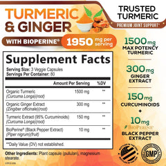 Nutrition label and supplement facts for Turmeric Curcumin 1950mg