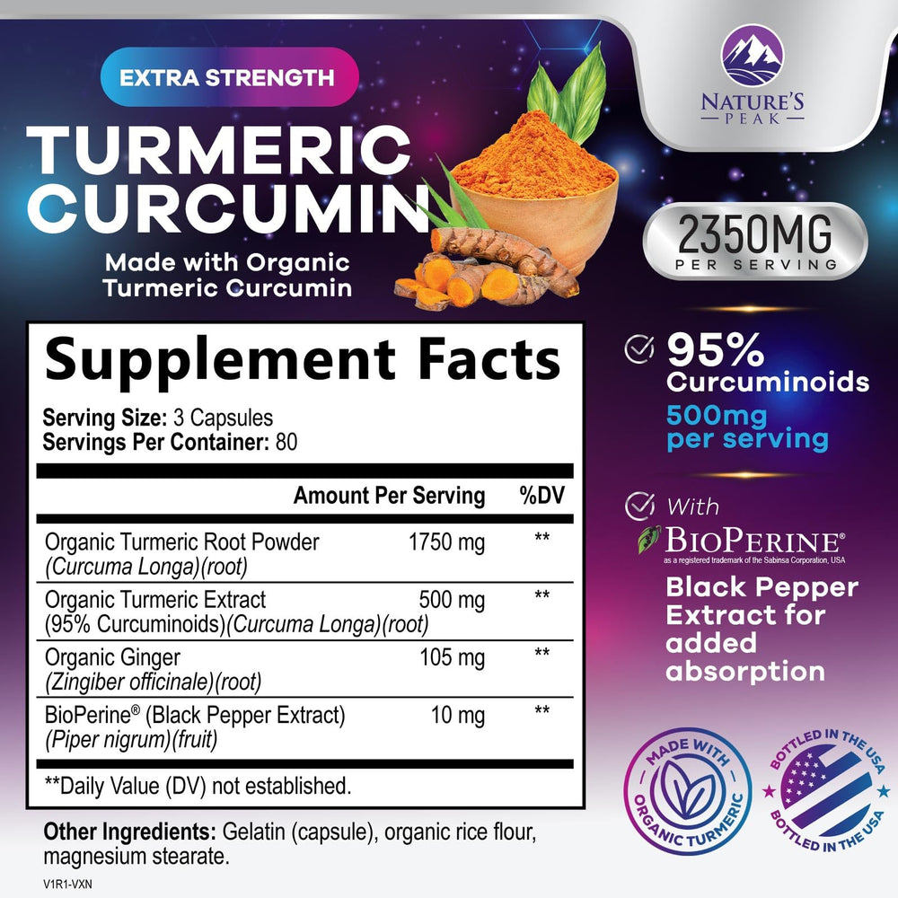 Product label showing 2350mg turmeric and BioPerine with ginger