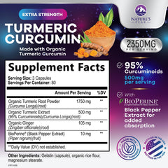 Product label showing 2350mg turmeric and BioPerine with ginger