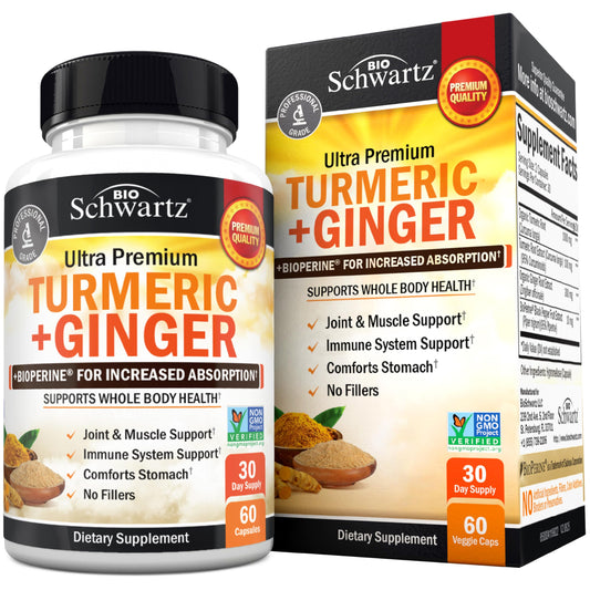 Front view of Turmeric Curcumin and Ginger supplement bottle