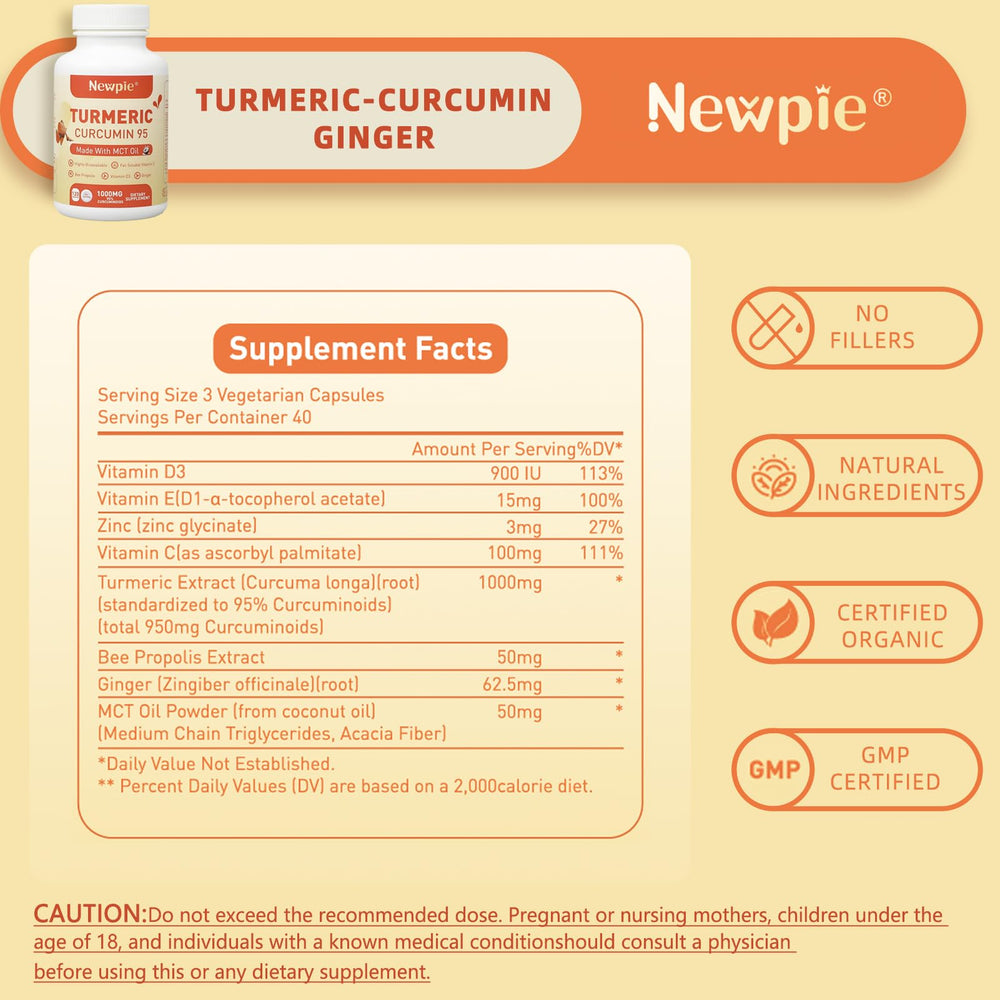 Close-up of 120 turmeric capsules