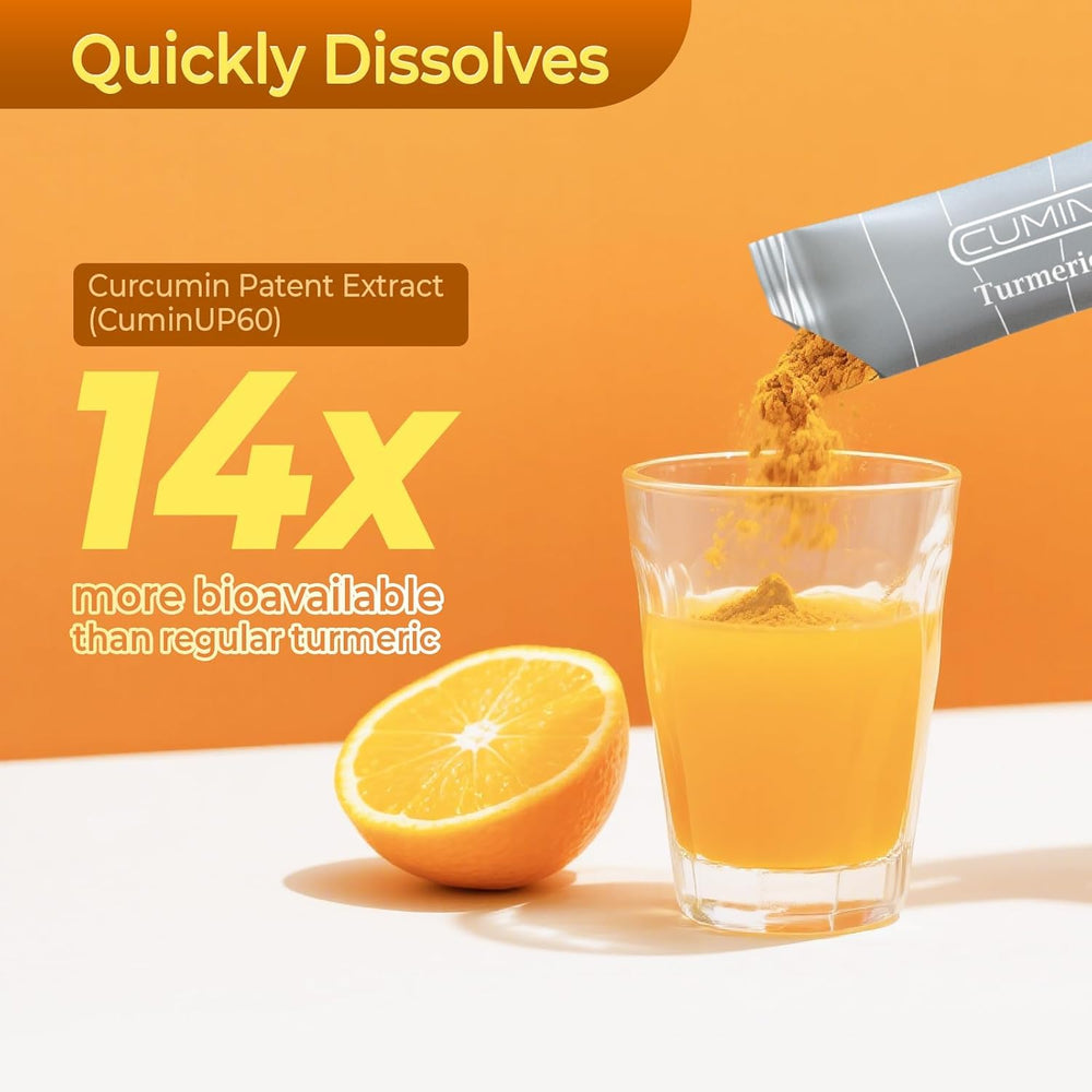 Close-up of turmeric curcumin powder packets