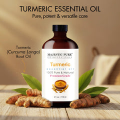 Close-up of turmeric essential oil in glass bottle with dropper