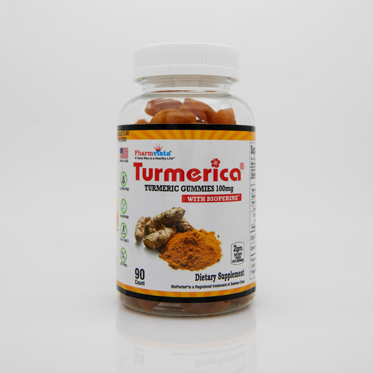 Front view of Turmerica Turmeric Curcumin Gummies 100mg with Bioperine bottle (90 count)