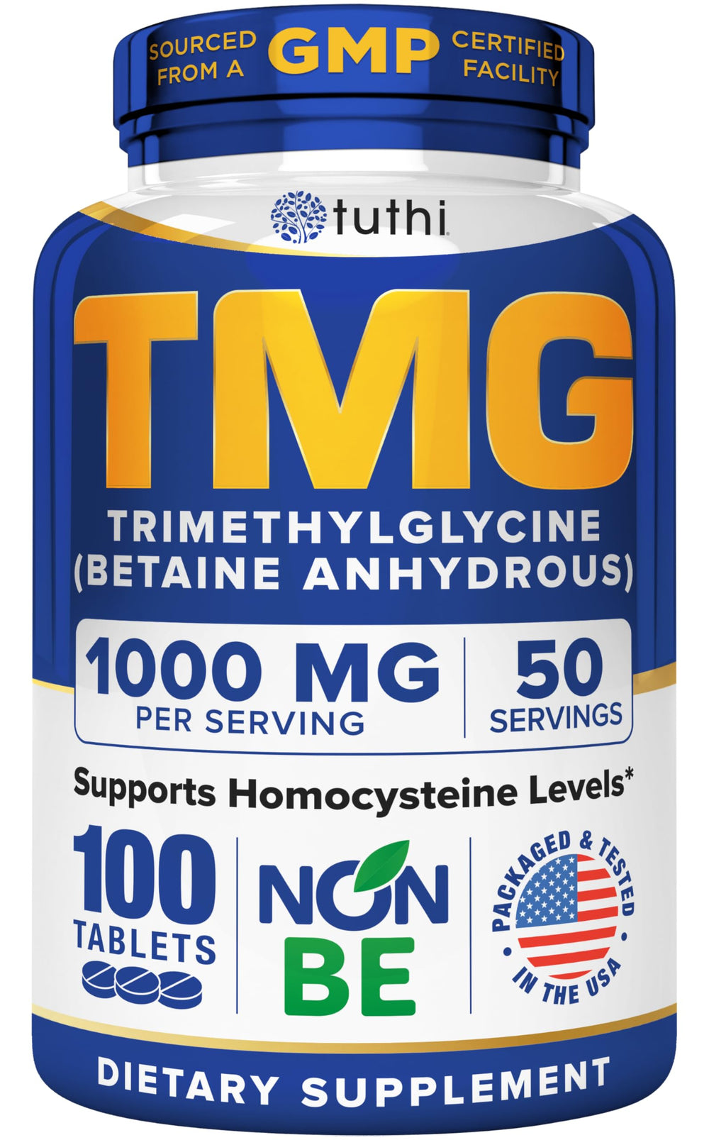 Front view of Tuthi TMG Supplement bottle labeled 1000mg trimethylglycine