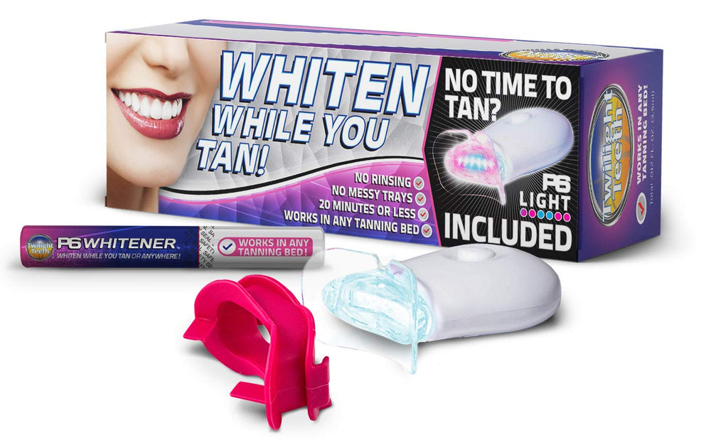 Twilight Teeth Whitening Kit box with gel tube, mouthpiece, and UV light device.