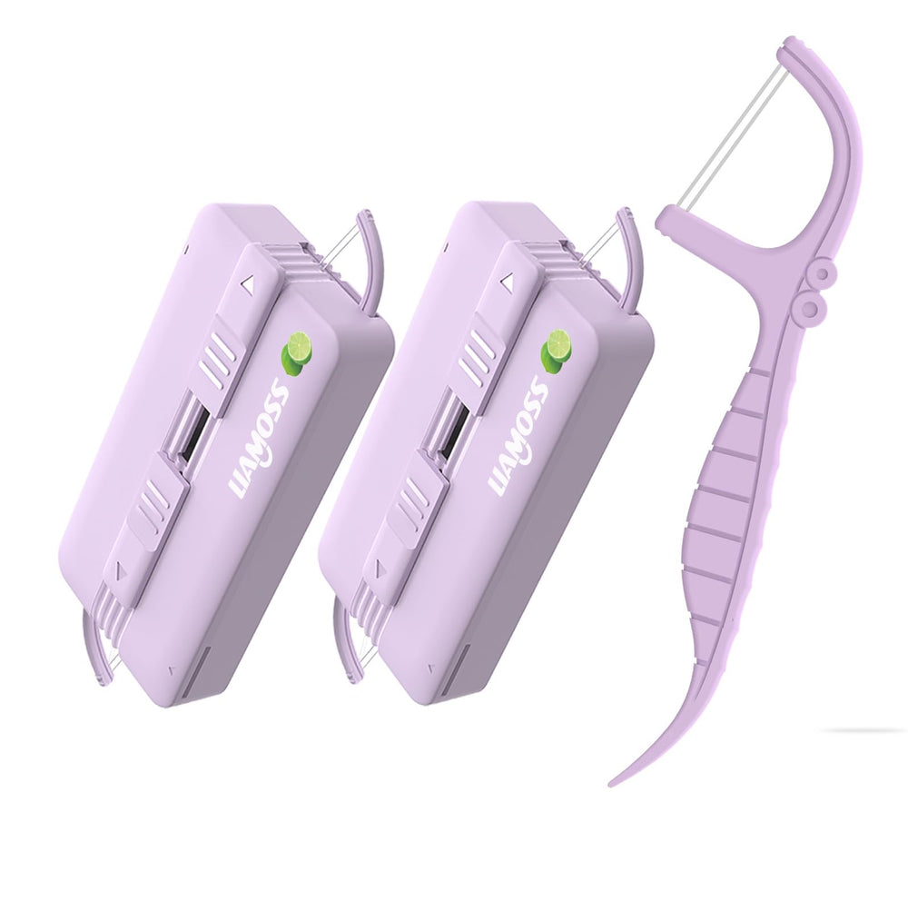 Front view of purple twin-line dental floss picks dispenser with lime flavor.