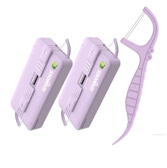 Front view of purple twin-line dental floss picks dispenser with lime flavor.
