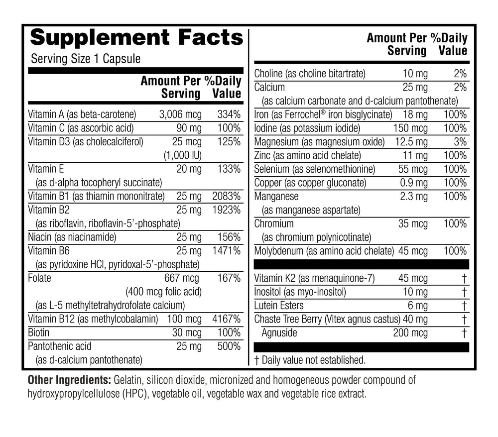 Twinlab TWL Women's Daily One bottle - back label with nutrition facts