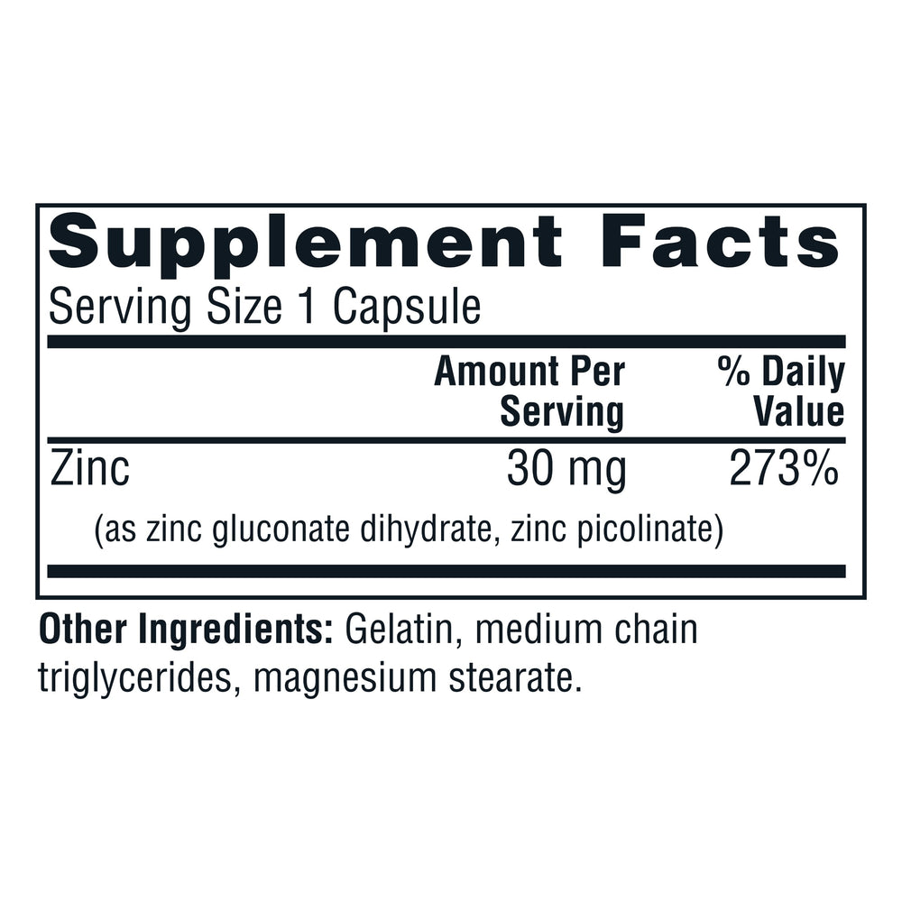 Close-up of Zinc Picolinate and Zinc Gluconate on bottle label