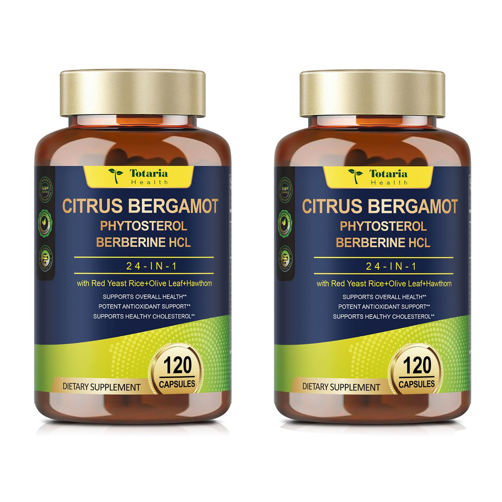 Two-pack bergamot supplement bottle for heart health