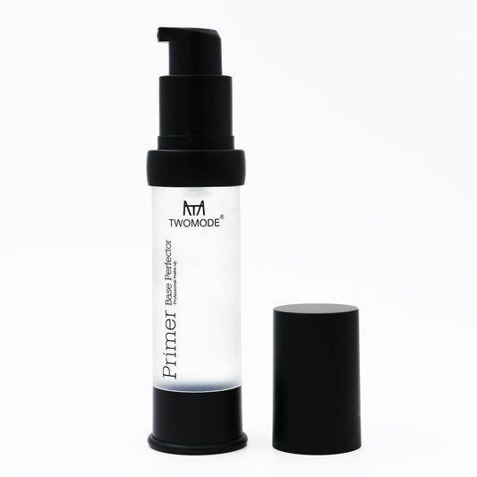 TWOMODE primer bottle close-up highlighting sleek packaging for oil control