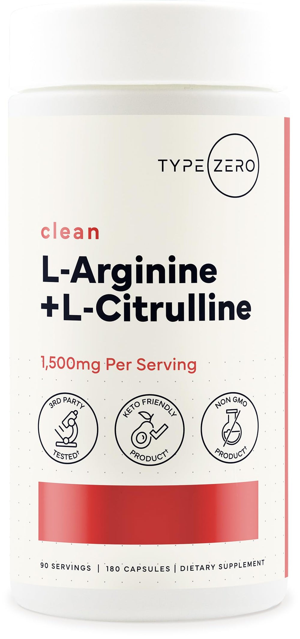 Product bottle front with Type Zero L-Arginine + L-Citrulline label