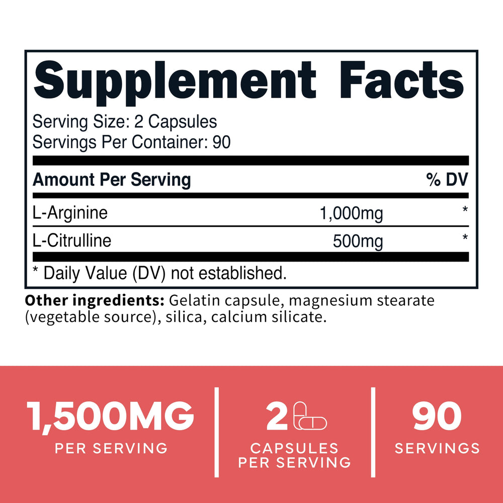 Close-up of label detailing 1,000mg L-Arginine and 500mg L-Citrulline per serving