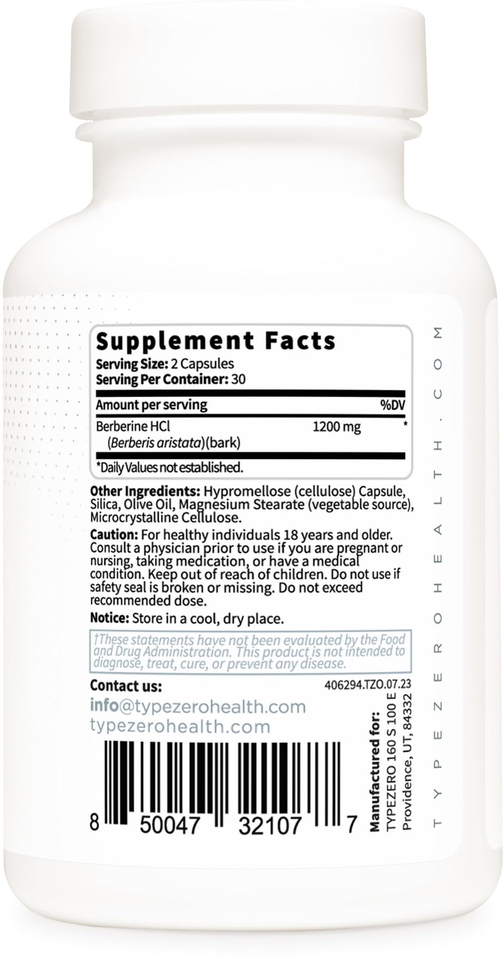 Packaging label showing GMP and Made in USA on Type Zero Berberine HCL