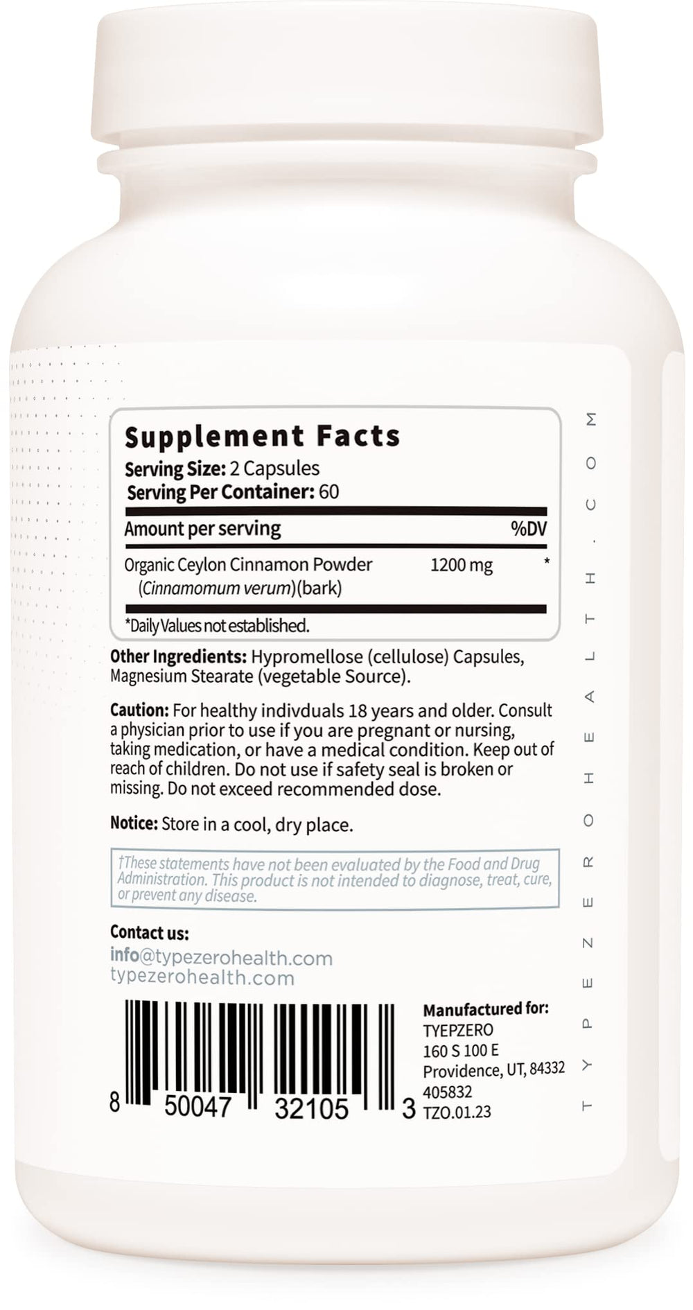Supplement facts graphic for Type Zero Cinnamon capsules