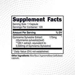 Close-up of Gymnema Sylvestre capsules showing 3,500 mg per serving