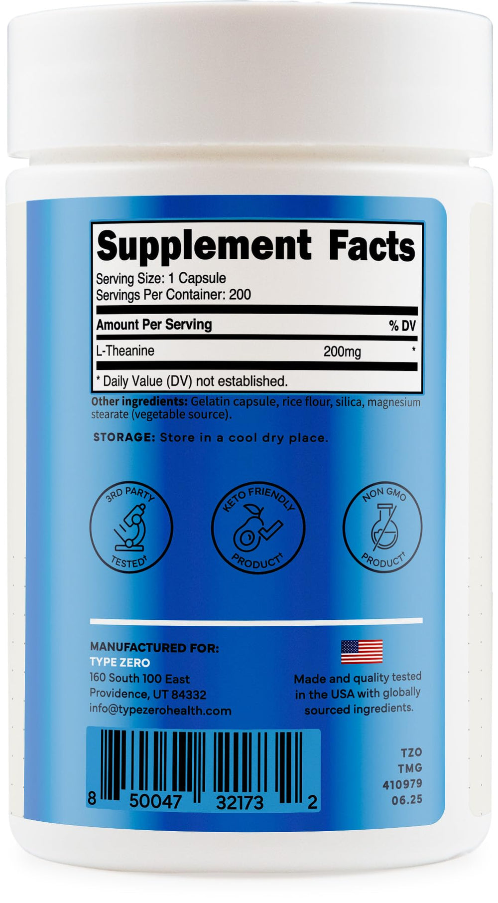 Keto-friendly and GMO-free L-Theanine product label