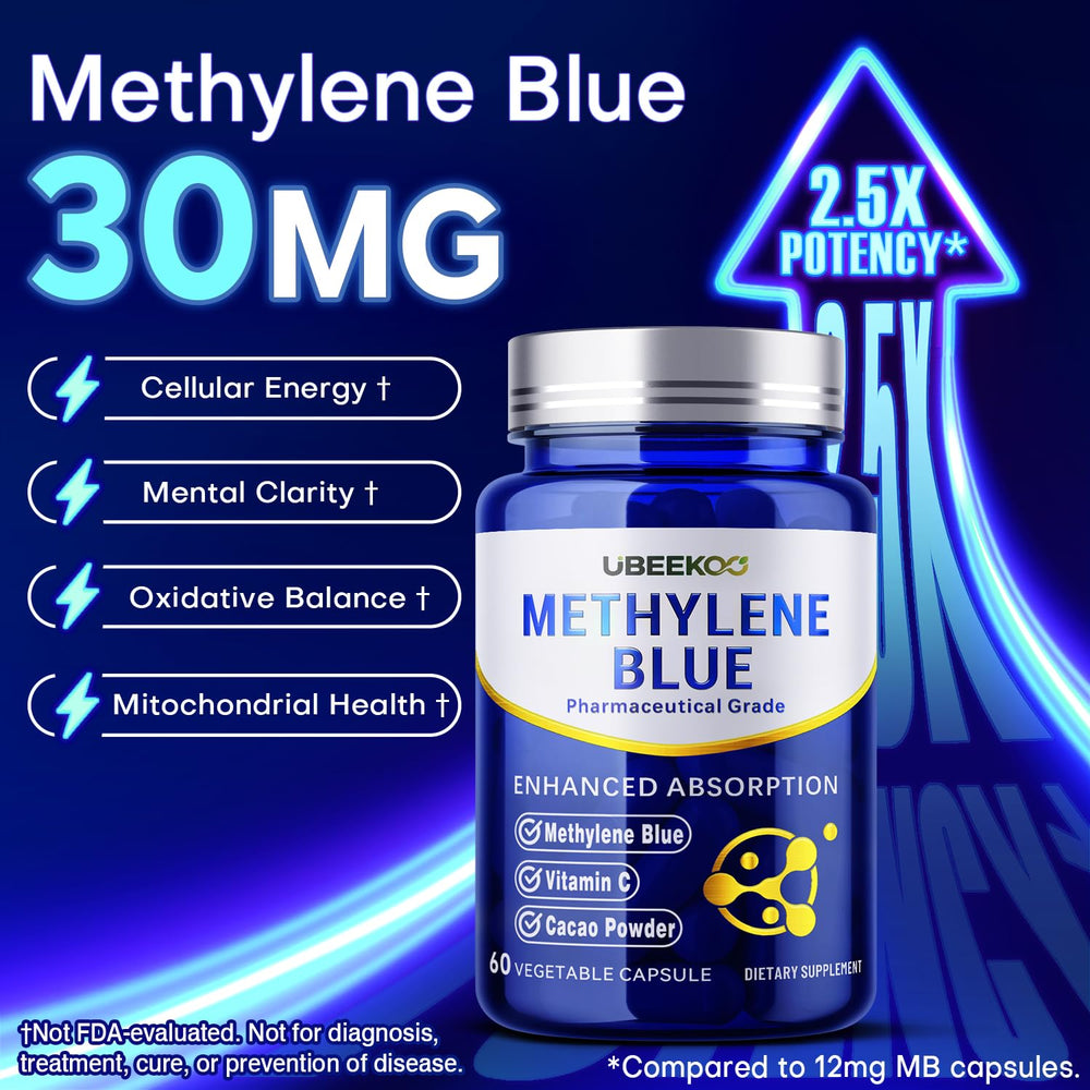 Close-up of the 30mg methylene blue capsule with Vitamin C and cacao ingredients