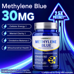 Close-up of the 30mg methylene blue capsule with Vitamin C and cacao ingredients