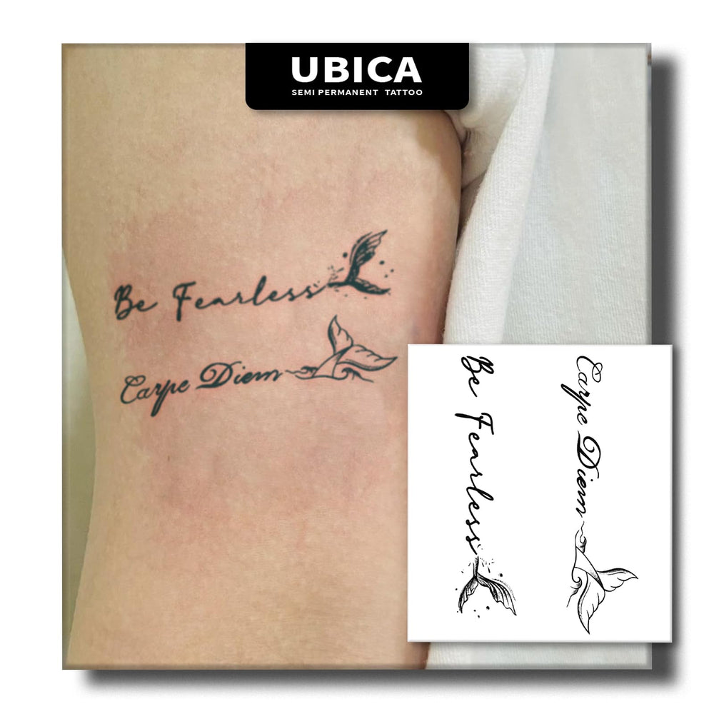 UBICA Be Fearless butterfly tattoo in ink-wash style for subtle daily motivation.