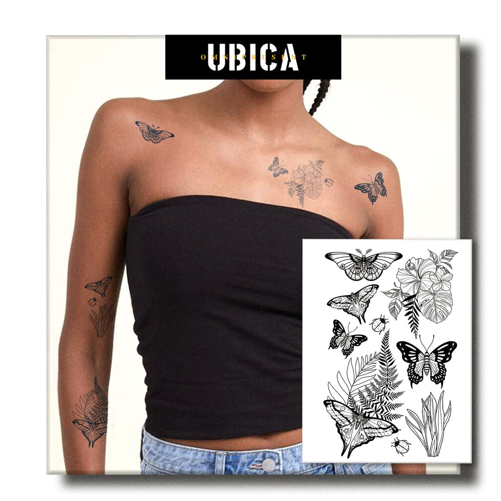 UBICA moth and grass tattoo collection with realistic botanical designs