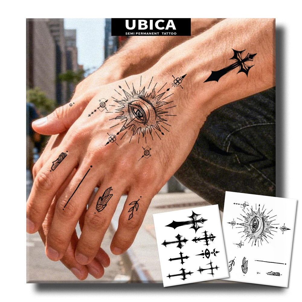 UBICA Mystic Eye hand tattoo design shown on skin for durable party-ready body art