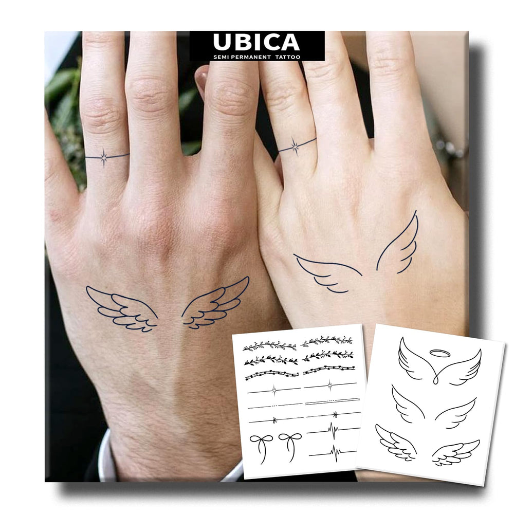 UBICA angel wings hand tattoo design for a subtle, long-lasting look