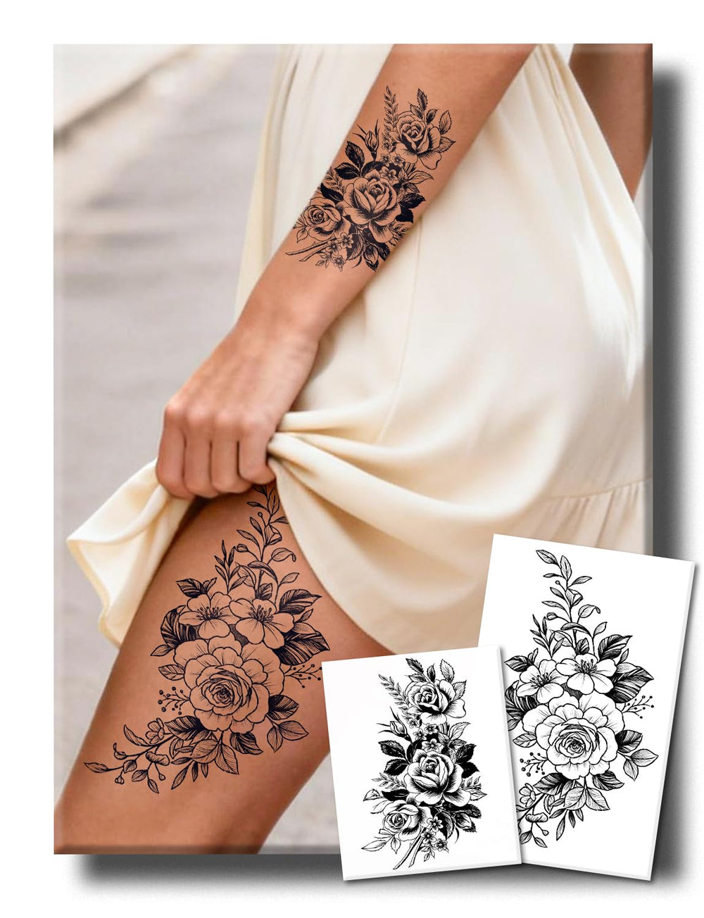 UBICA thigh floral rose tattoo design for a bold, long-lasting statement
