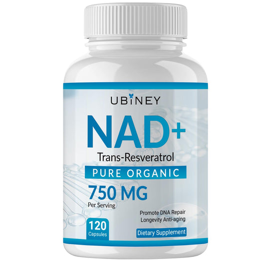 Front view of Ubiney NAD+ 750mg with Trans-Resveratrol bottle