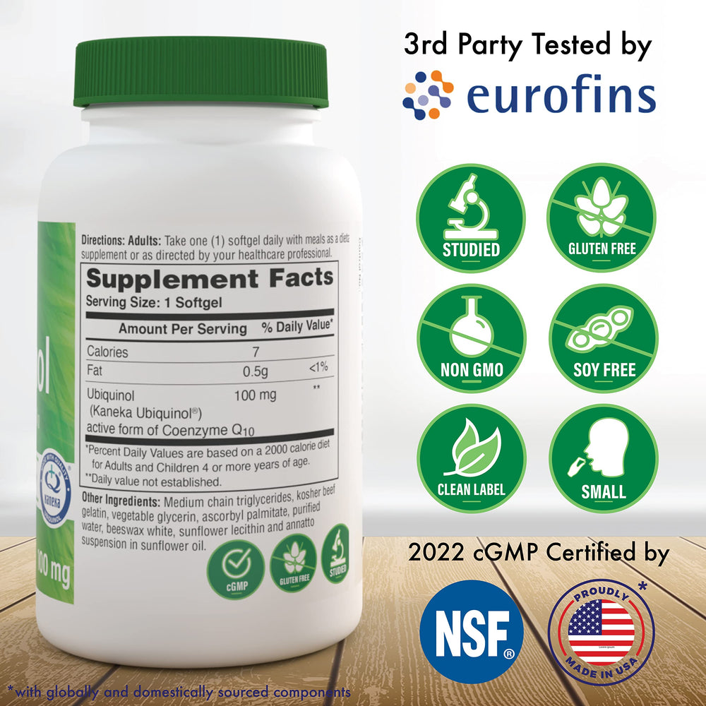 Bottle and packaging image of Health Thru Nutrition Ubiquinol 100mg 360 Softgels