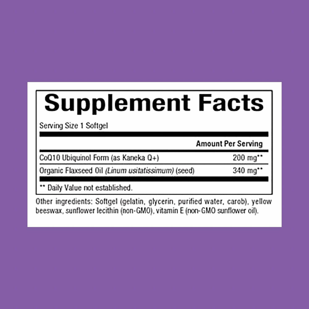 Close-up of Natural Factors ubiquinol 200 mg bottle label