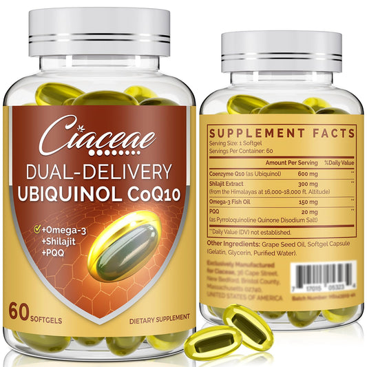 Front view of Ubiquinol CoQ10 600 mg softgels bottle with Omega-3, Shilajit and PQQ on label