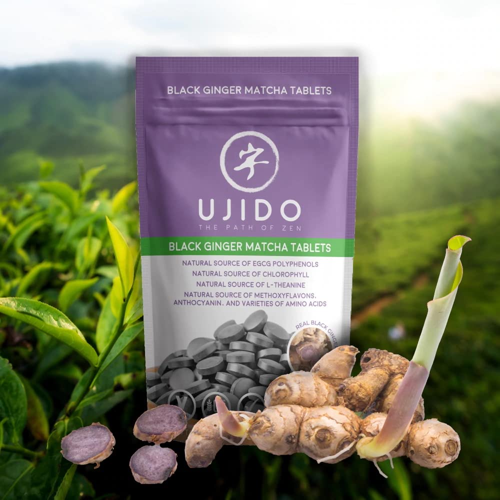 Close-up shot of Ujido Black Ginger Matcha Tablets