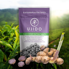 Close-up shot of Ujido Black Ginger Matcha Tablets