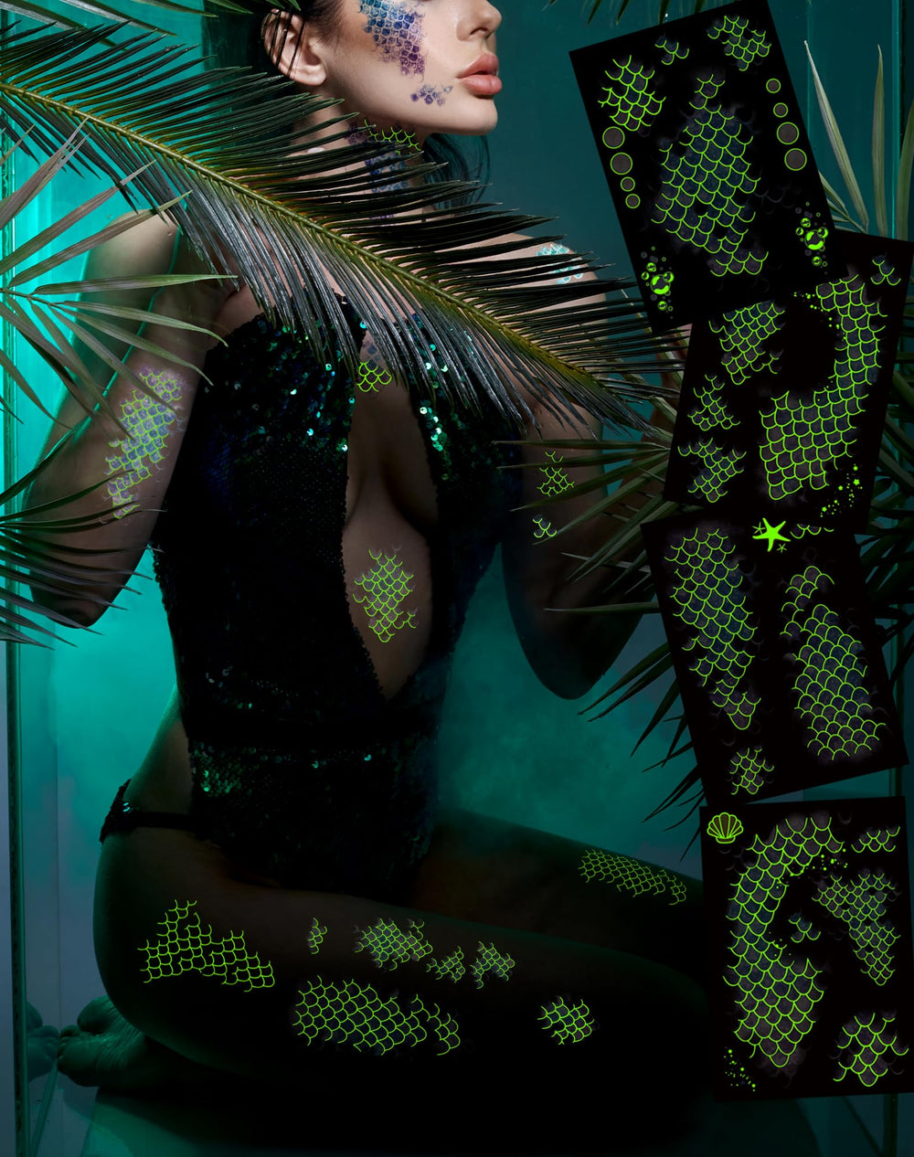Ulmisfee mermaid-scale tattoos sheet 4 glow in the dark accents for night events