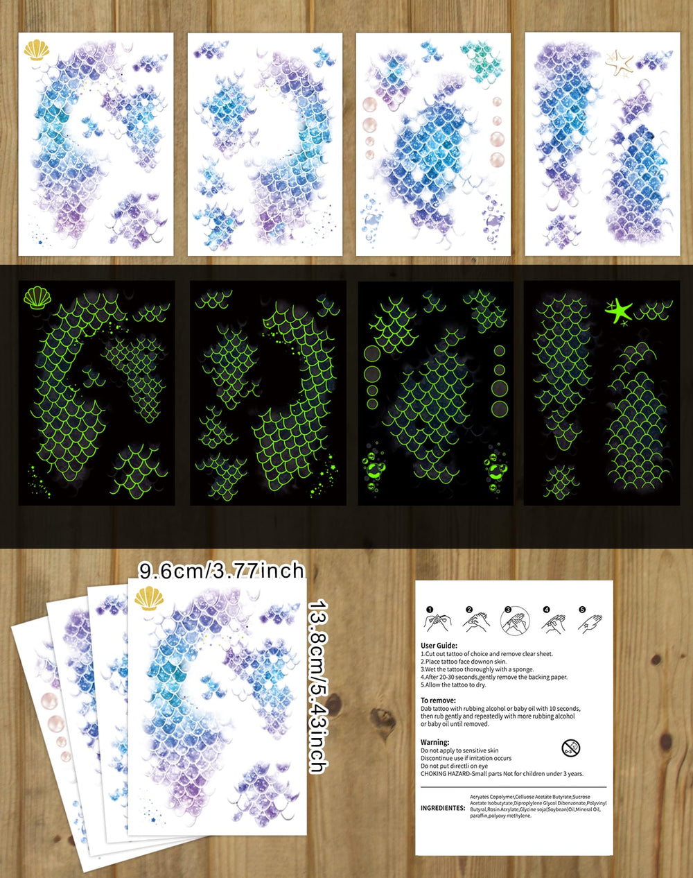 Ulmisfee mermaid-scale tattoos sheet 7 long-lasting wear for parties