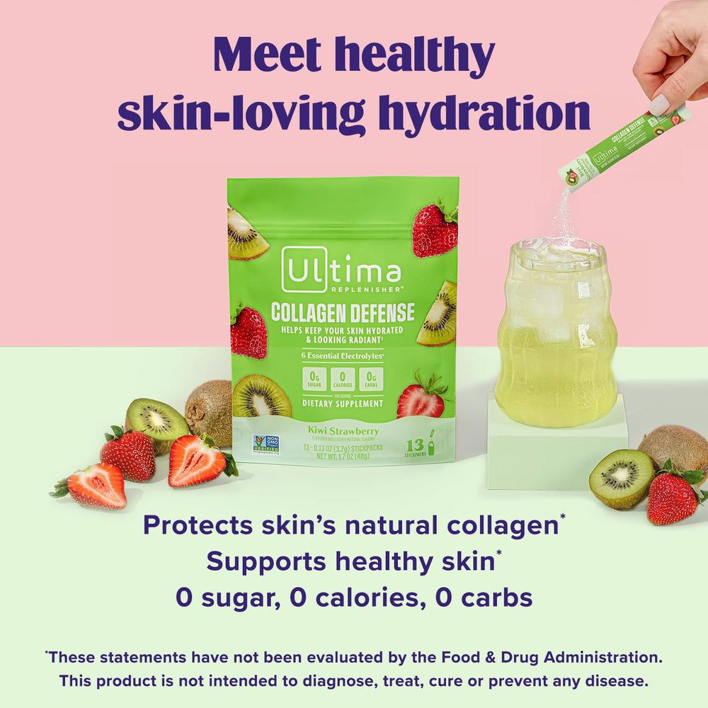 Hydration drink prepared with Ultima Collagen Defense Electrolytes Kiwi Strawberry