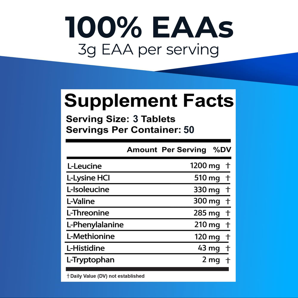 Ultimate EAA tablets closeup highlights leucine content supporting muscle recovery.