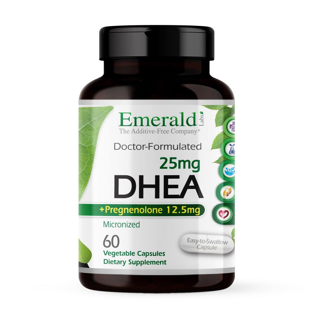 Bottle of Ultra Botanicals Emerald Labs DHEA 25mg Adrenal Support supplement