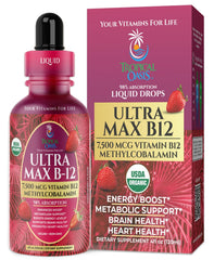 USDA Organic Ultra Max B12 bottle with strawberry flavor label